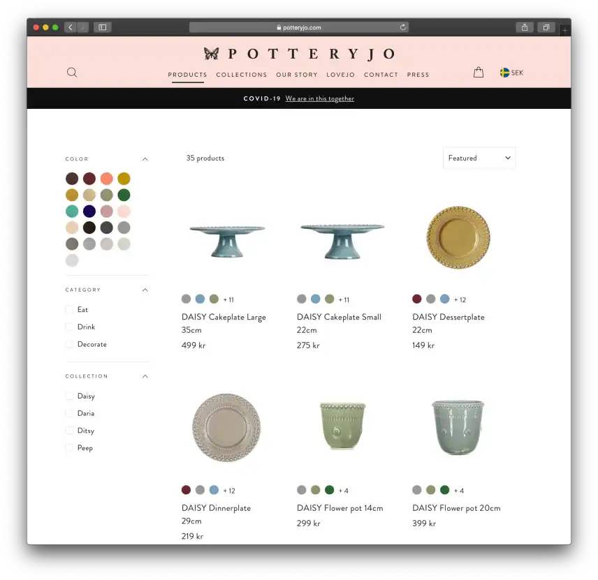 Product listing page of pottery