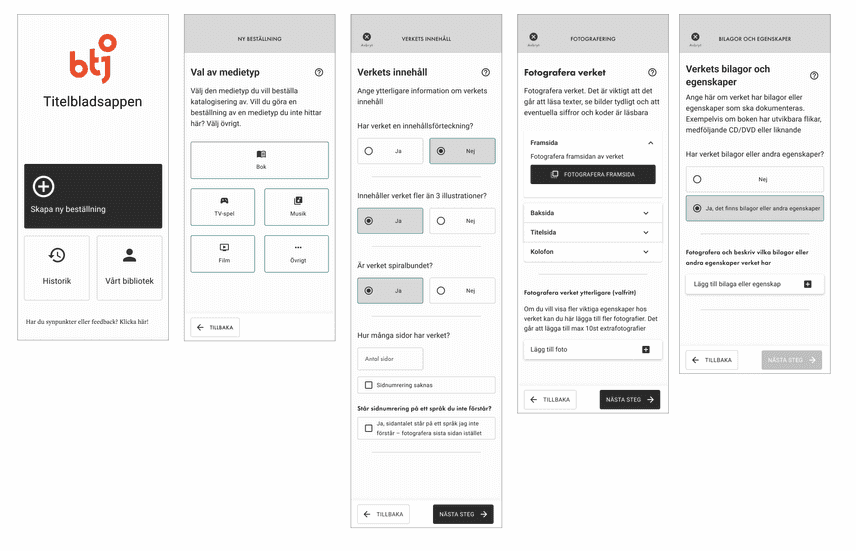 Wireframes of a flow in the prototype of BTJ-appen