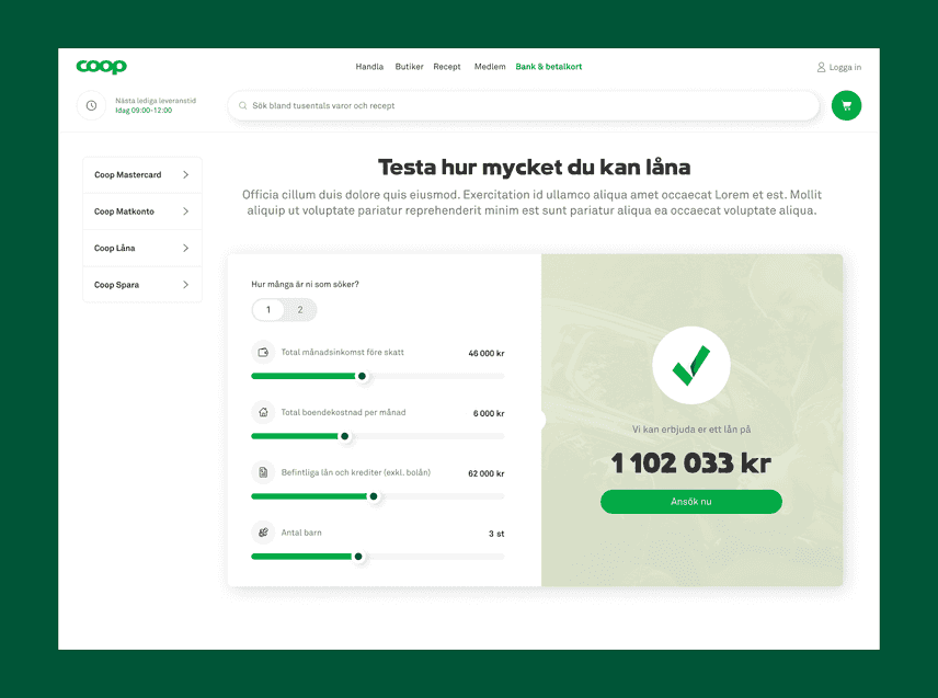 Screenshot of a Coop loan calculator concept